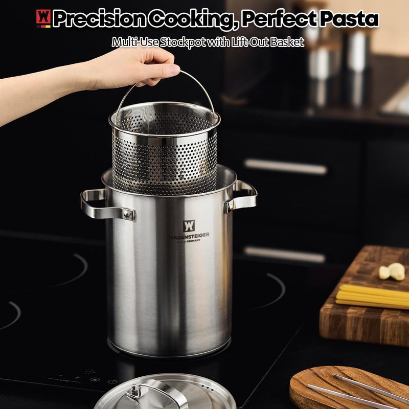 WAGENSTEIGER Premium Stainless Steel Asparagus Steamer Pot or Spaghetti Pasta Stovetop Cooker with Perforated Steamer Basket, Tall & Large Size, Versatile Cookware, 3-Ply Base(4.3Liters/1.14Gals) - Image 2